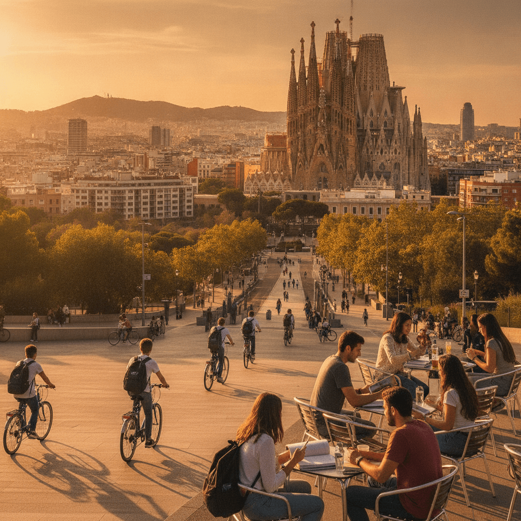 Panorama di Barcellona con la Sagrada Família al tramonto, quartiere universitario con studenti Erasmus