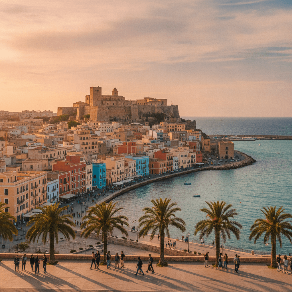 Panorama di Cagliari con il quartiere Castello e il mare Mediterraneo, atmosfera universitaria al tramonto