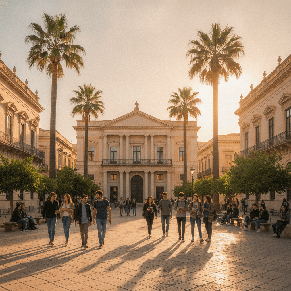 Piazza d'Italia a Sassari con studenti Erasmus, architettura neoclassica e luce mediterranea